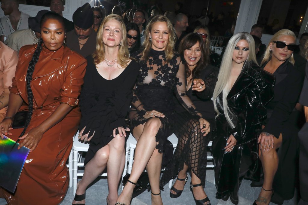From (L-R) Janet Jackson, Linney, Alicia Silverstone, Rosie Perez, Avril Lavigne and Kesha in the front row at the Siriano Runway Show.