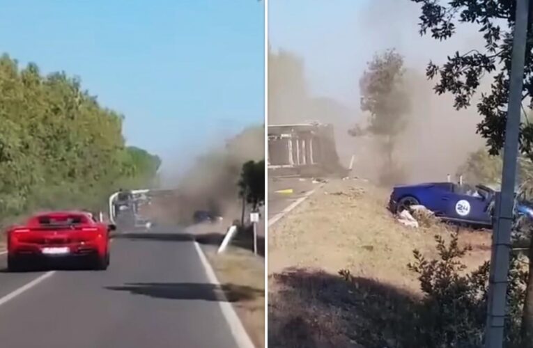 Shocking moment Ferrari slams into Lamborghini and sends camper flying, killing two