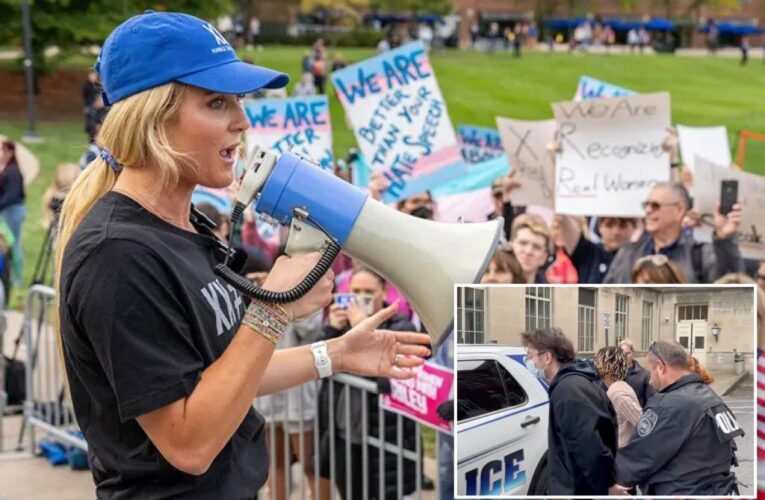 Riley Gaines’ speech at Penn State leads to protesters being taken into custody after vandalizing her table