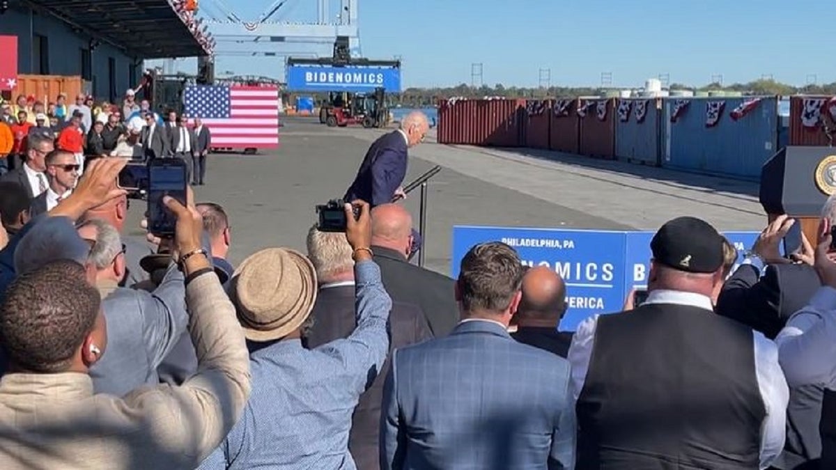 President Biden trips on stairs at a Philadelphia rally surrounded by supporters