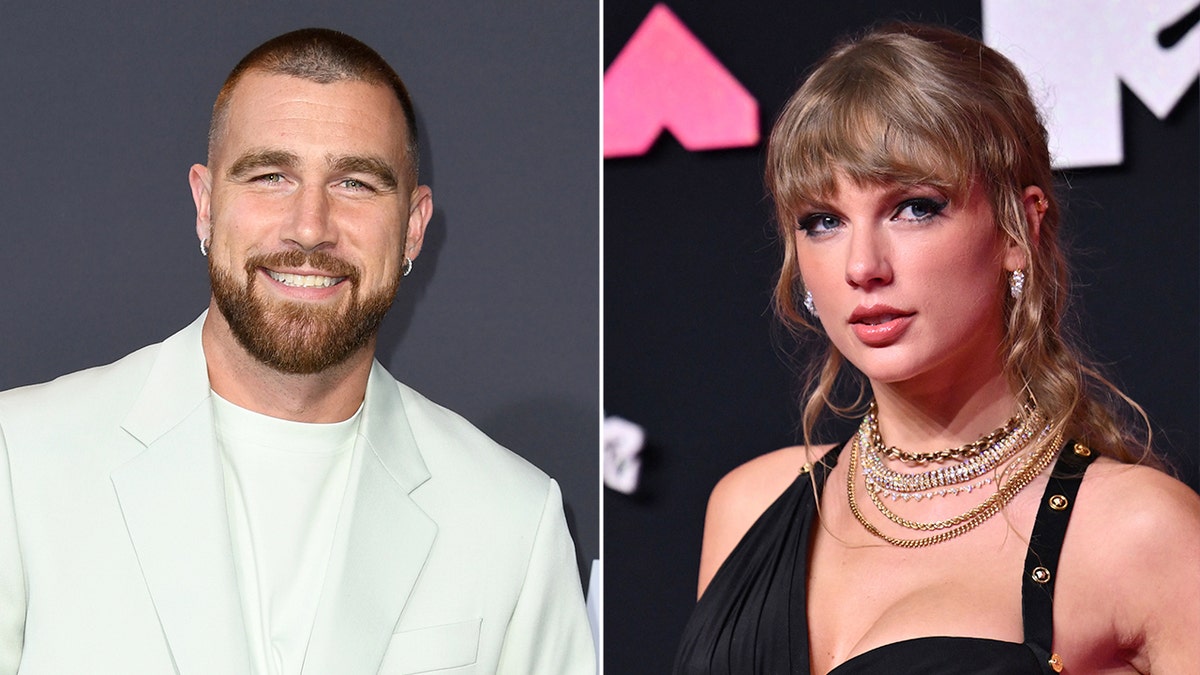 Travis Kelce split screen with Taylor Swift