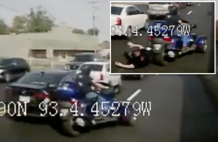 Watch bus nearly mow down woman who fell off motorcycle in insane street video