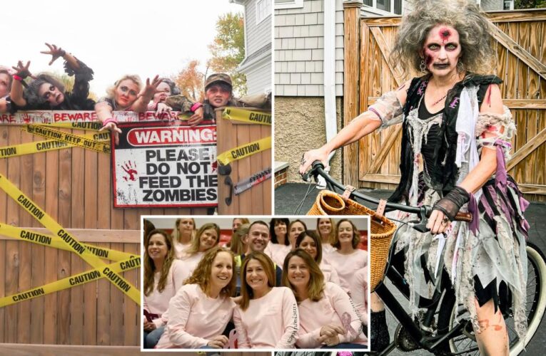 Dancing mob of Mombies, zombie housewives, dance on Halloween