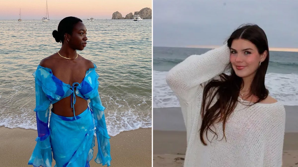 Women posing by the beach.