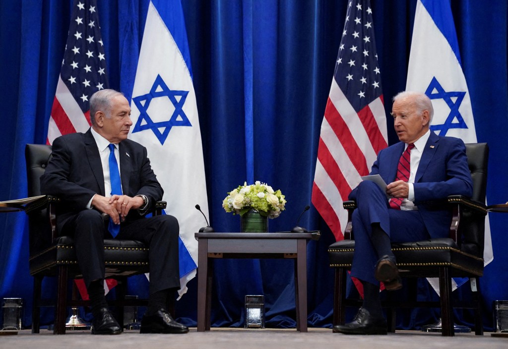 President Joe Biden holds a bilateral meeting with Israeli Prime Minister Benjamin Netanyahu on the sidelines of the 78th U.N. General Assembly in New York City, U.S., September 20, 2023. 