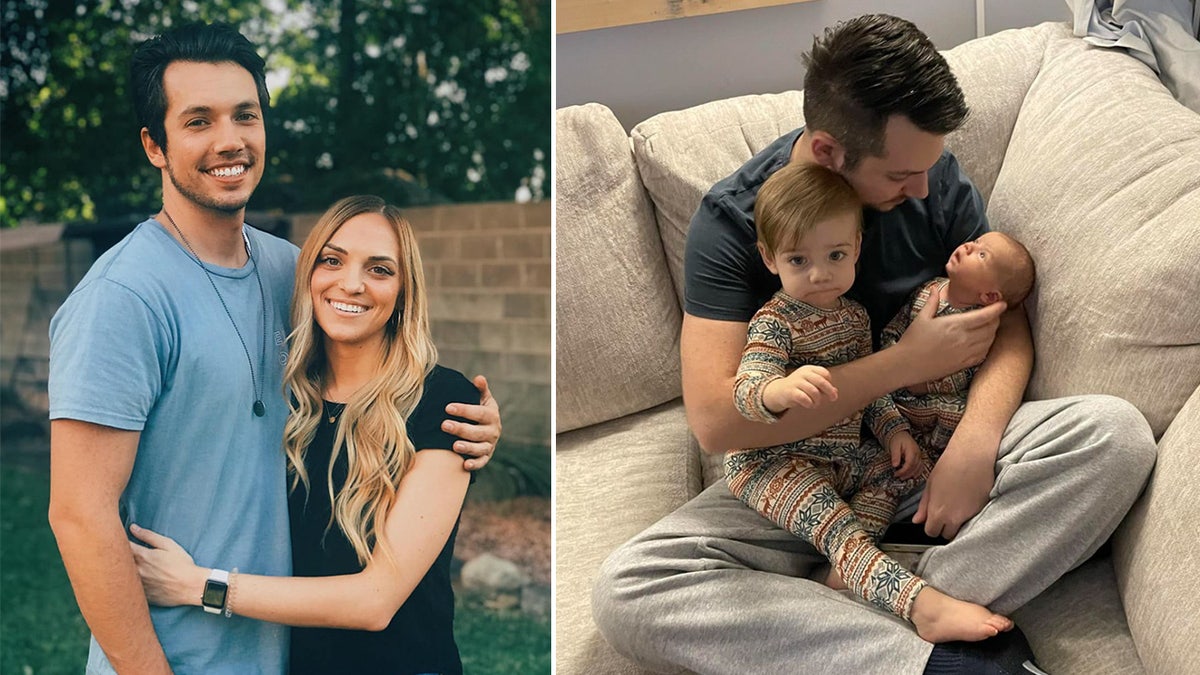 Couple smiles into the camera next to man holding two babies.