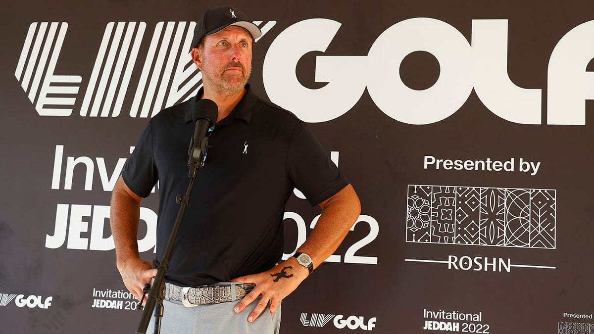 Phil Mickelson talks to the media in Saudi Arabia