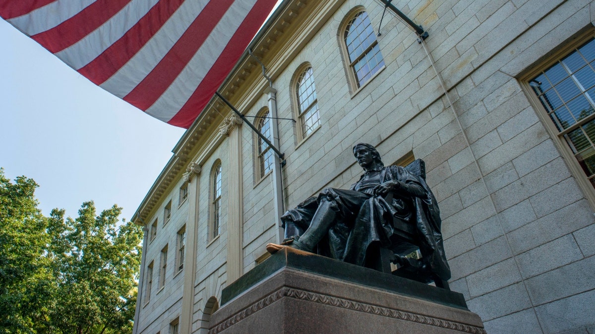 John Harvard Statue underneath US flag