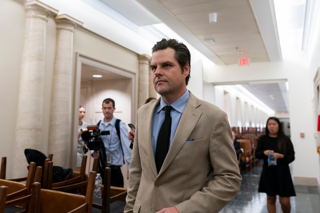 Rep. Matt Gaetz arrives as Republicans meet to decide who they will nominate to be the new House speaker at Capitol Hill in Washington DC on Oct. 24, 2023. 