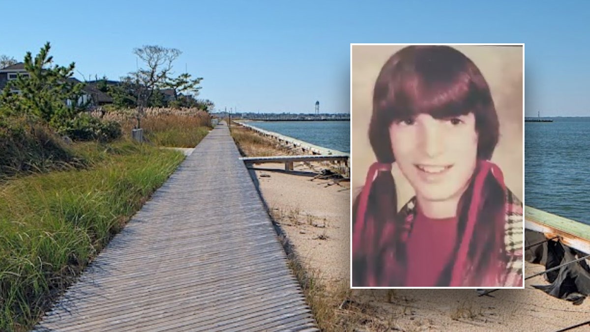 Karen Vergata wearing pigtails on front of a view of shoreline.