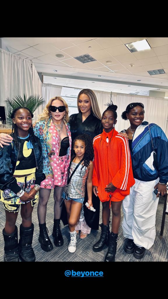 Madonna and daughters Stella, Estere and Mercy James with Beyoncé and daughter Rumi at the Renaissance Tour.