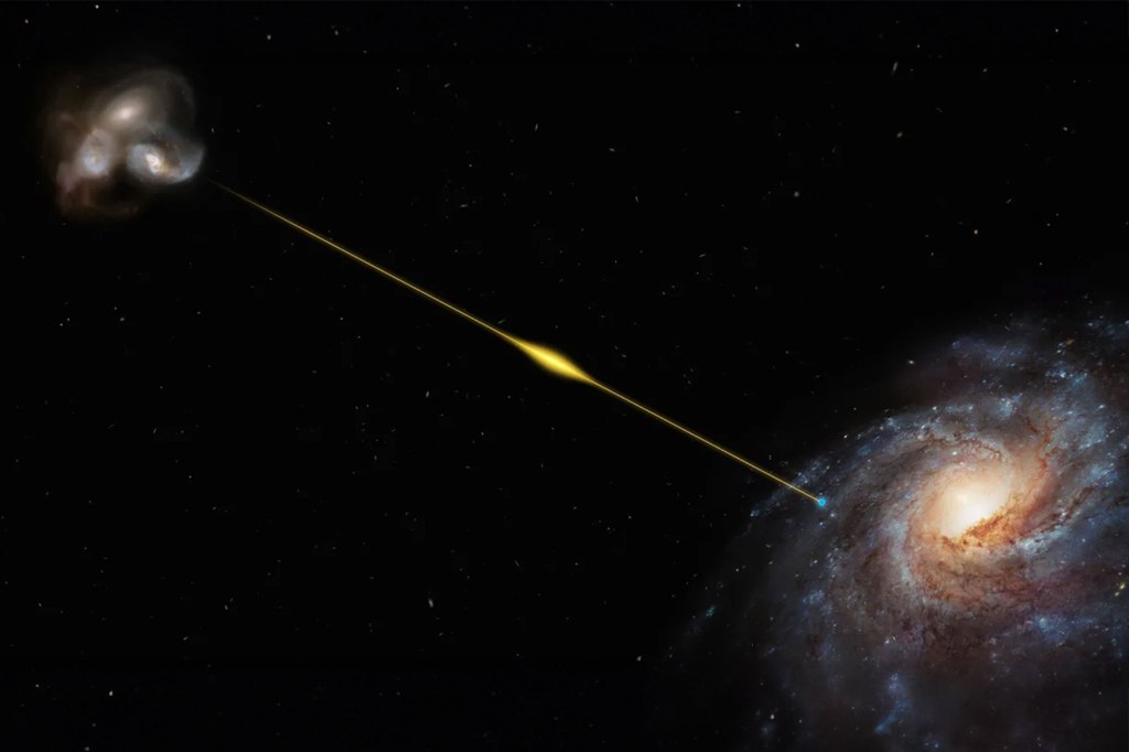 A depiction of a radio signal beaming at the galaxy