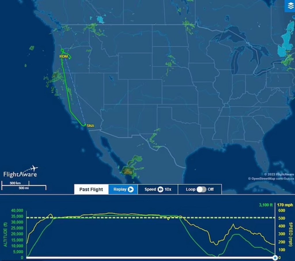 A map of the United States showing the diverted flight path of Horizon Air flight 2059.