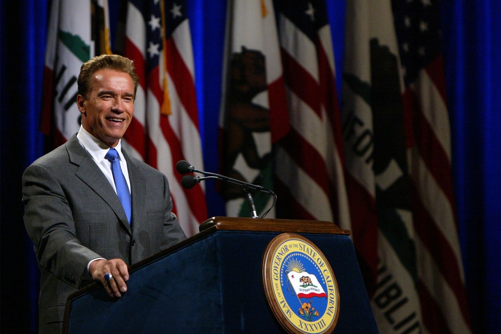 California Governor Arnold Schwarzenegger speaks to reporters during his first news conference as governor November 18, 2003 in Sacramento, California.