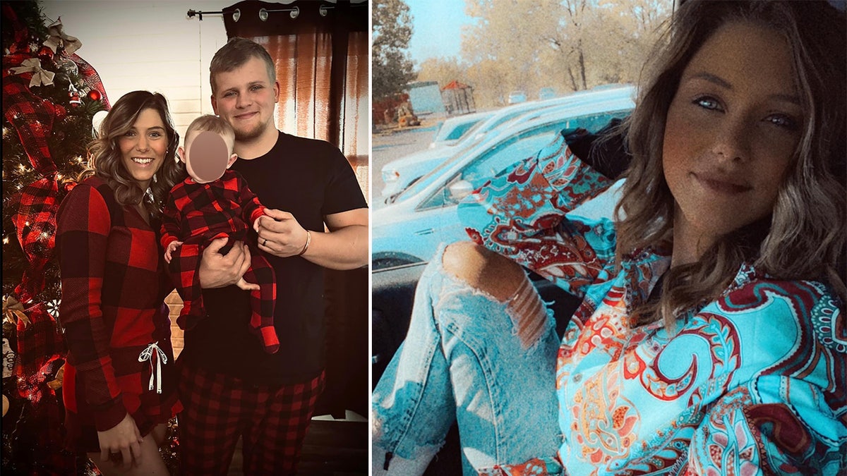 Woman poses with husband and baby in front of Christmas tree.