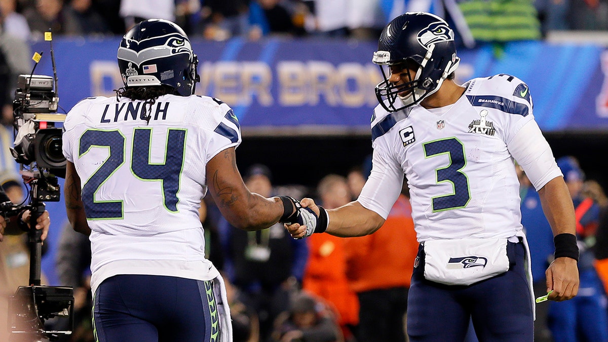 Marshawn Lynch celebrates a touchdown run