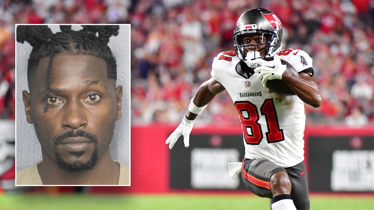 Antonio Brown mugshot next to image of him playing football