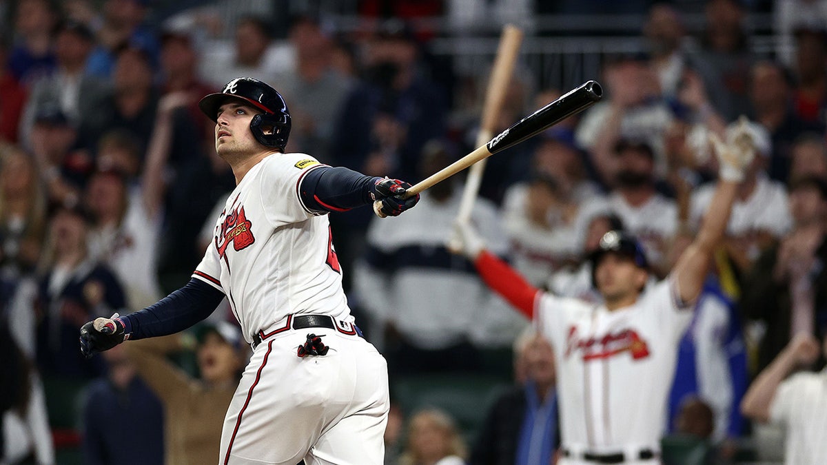 Austin Riley watches homer