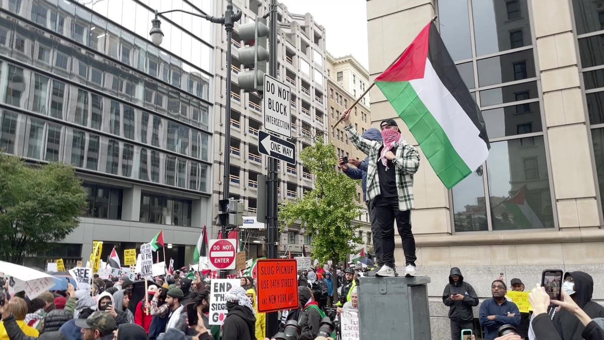 A man waves a flag from atop an electricity box