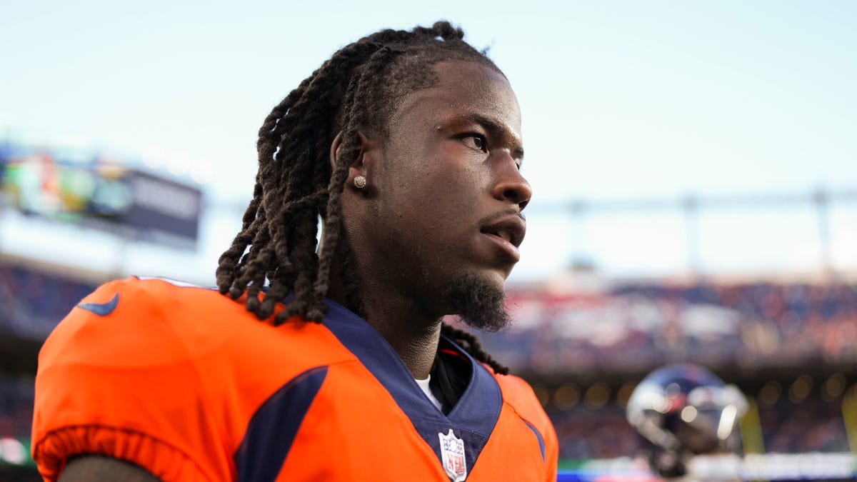 Jerry Jeudy looks on field