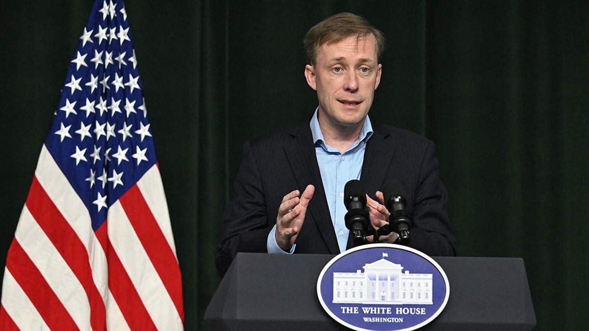 National Security Adviser Jake Sullivan addresses the press ahead of President Biden's meeting with South Korean and Japanese leaders at Camp David