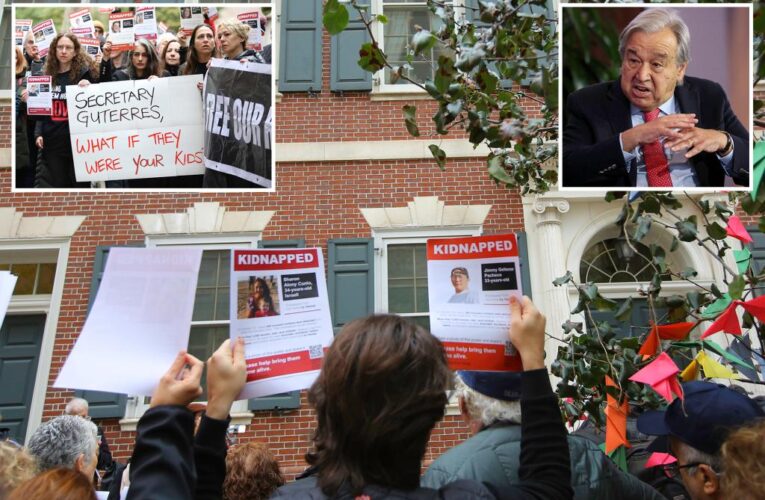 Protestors demand Israeli hostages’ release outside UN Sec Gen’s house