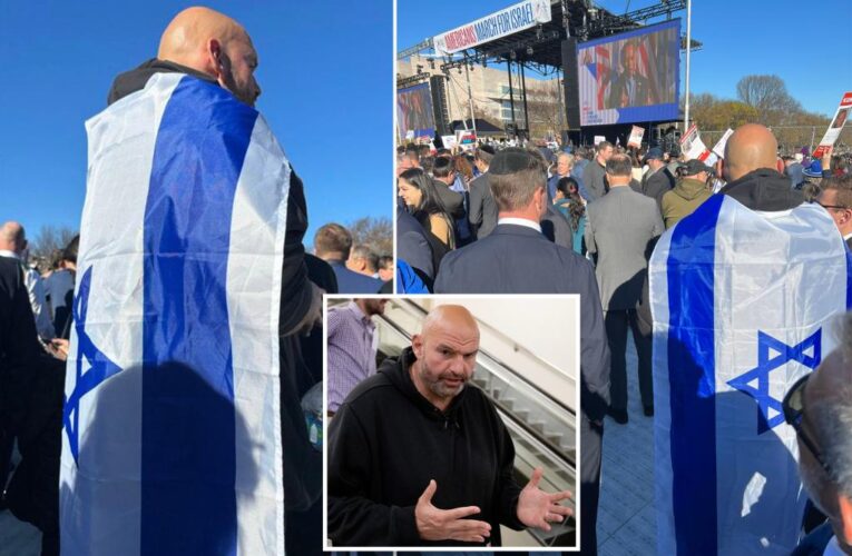 Fetterman draped in Israeli flag during DC rally in support of the Jewish state