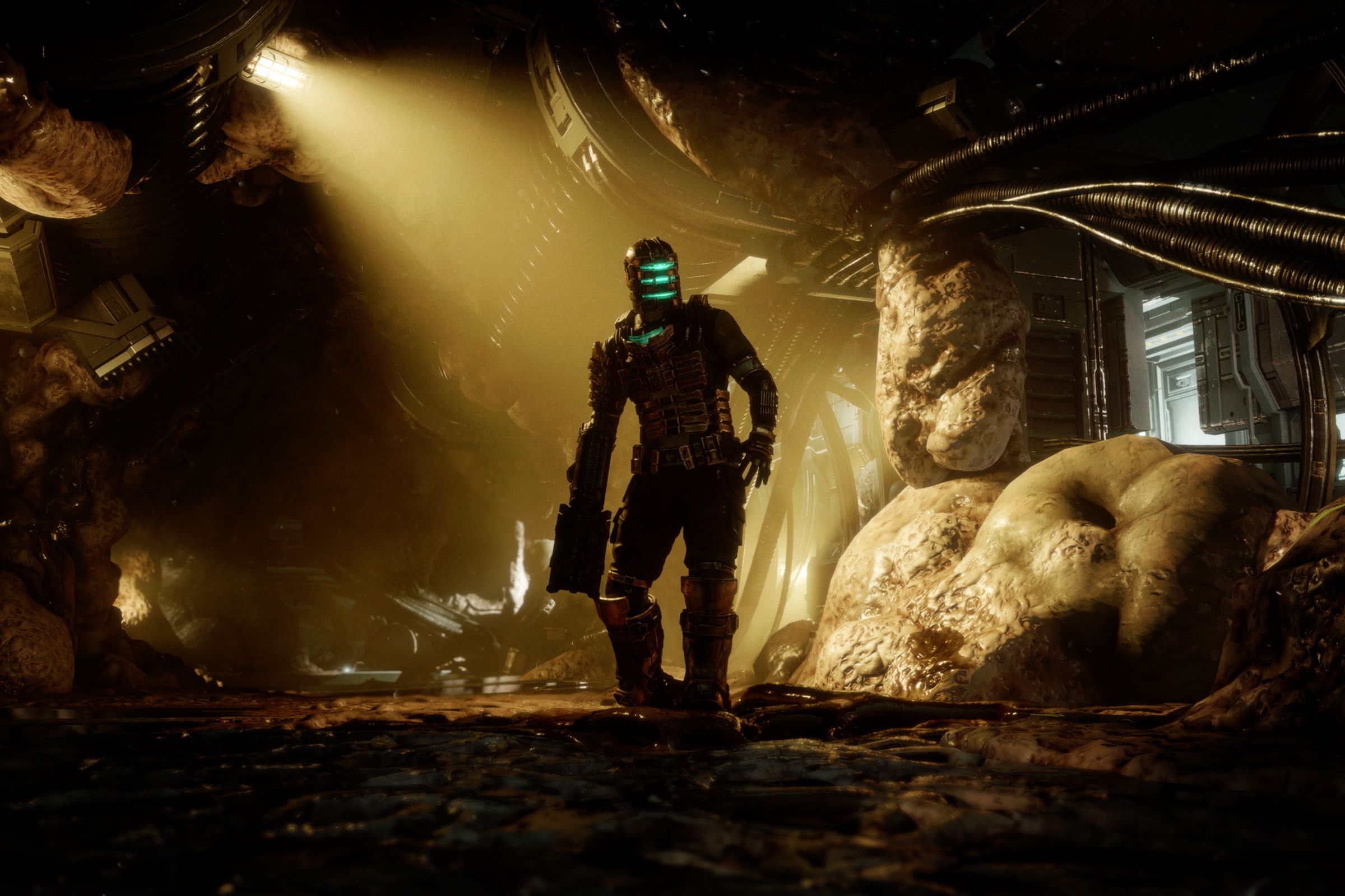 A screenshot of the protagonist of Dead Space carrying a plasma cutter.