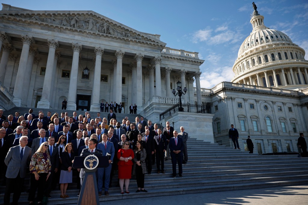 Speaker of the House Mike Johnson (R-LA) delivers remarks with fellow Republicans on the East Front steps of the House of Representatives at the U.S. Capitol on October 25, 2023 in Washington, DC.
