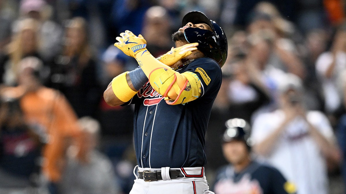 Ronald Acuña Jr. celebrates home run