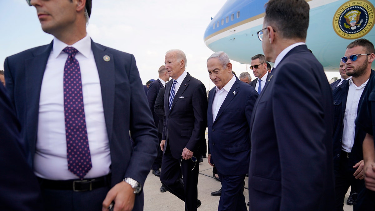 President Joe Biden is greeted by Israeli Prime Minister Benjamin Netanyahu