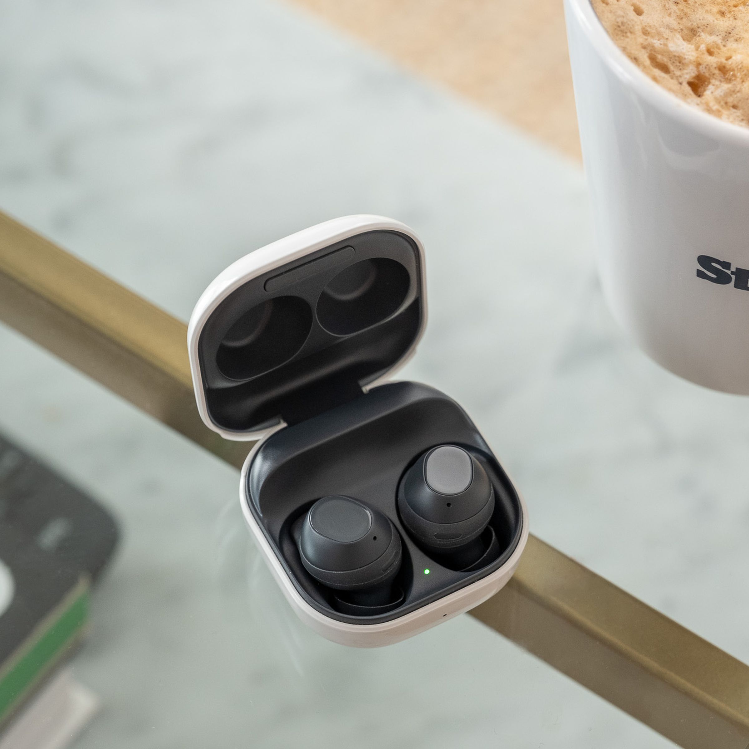 A photo of Samsung’s Galaxy Buds FE earbuds.