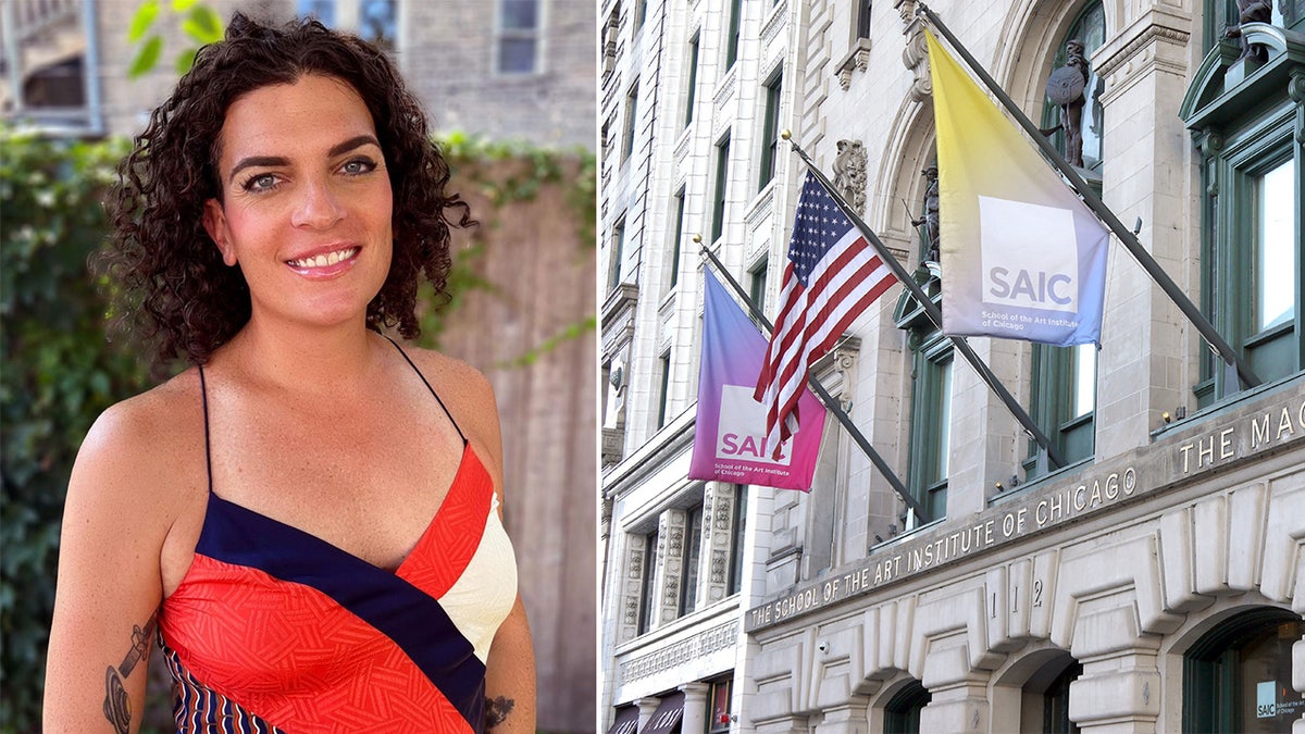 Split of woman in red shirt next to exterior of school