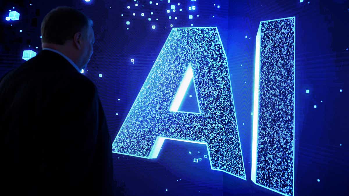 illustration showing "AI" in block letters in an animation