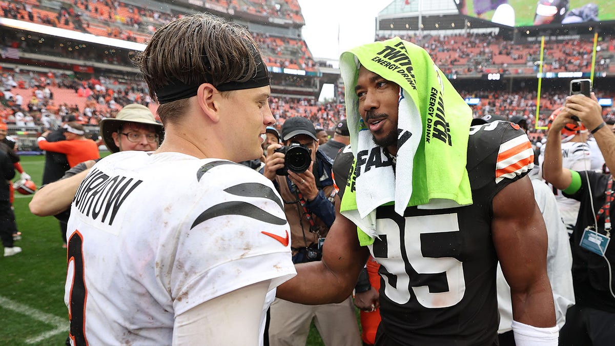 Joe Burrow and Myles Garrett greet each other after a game