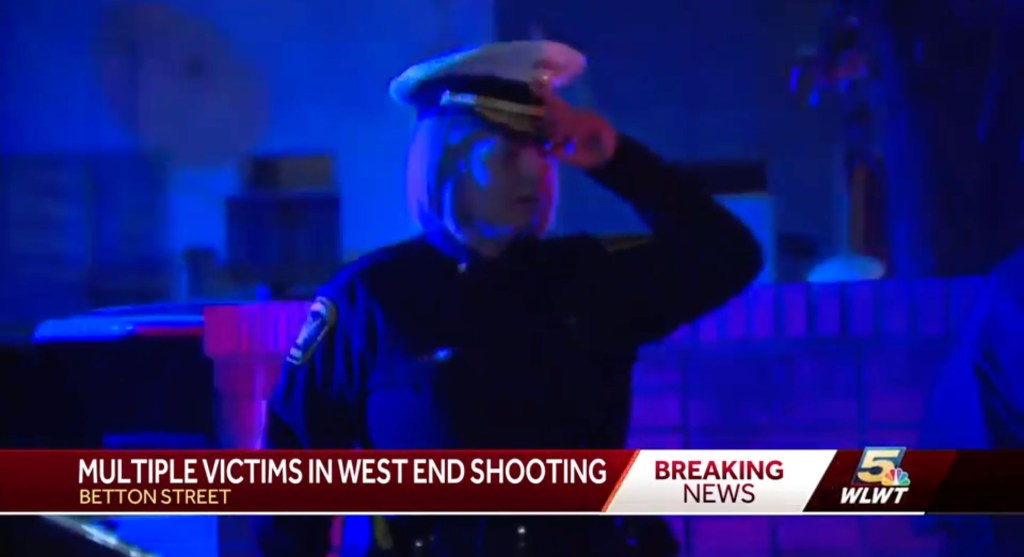Screenshot of TV news report of Cincinnati shooting, showing police chief Terri Theetge.