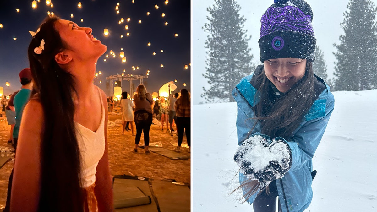 Woman holds up a pilie of snow.