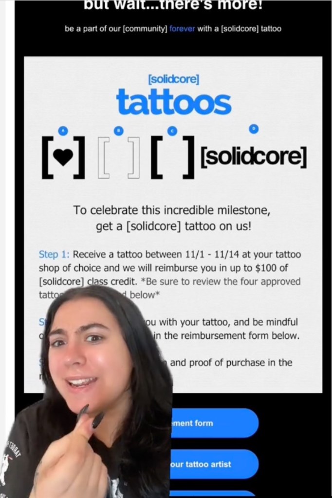 Content creators on TikTok couldn't believe Solidcore was encouraging their members to get tattoos of their company logo. 