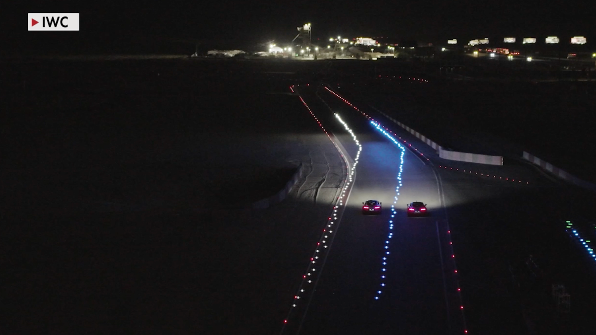 Lewis Hamilton and George Russell race down the Speed Vegas circuit at an event hosted by AMG x IWC.