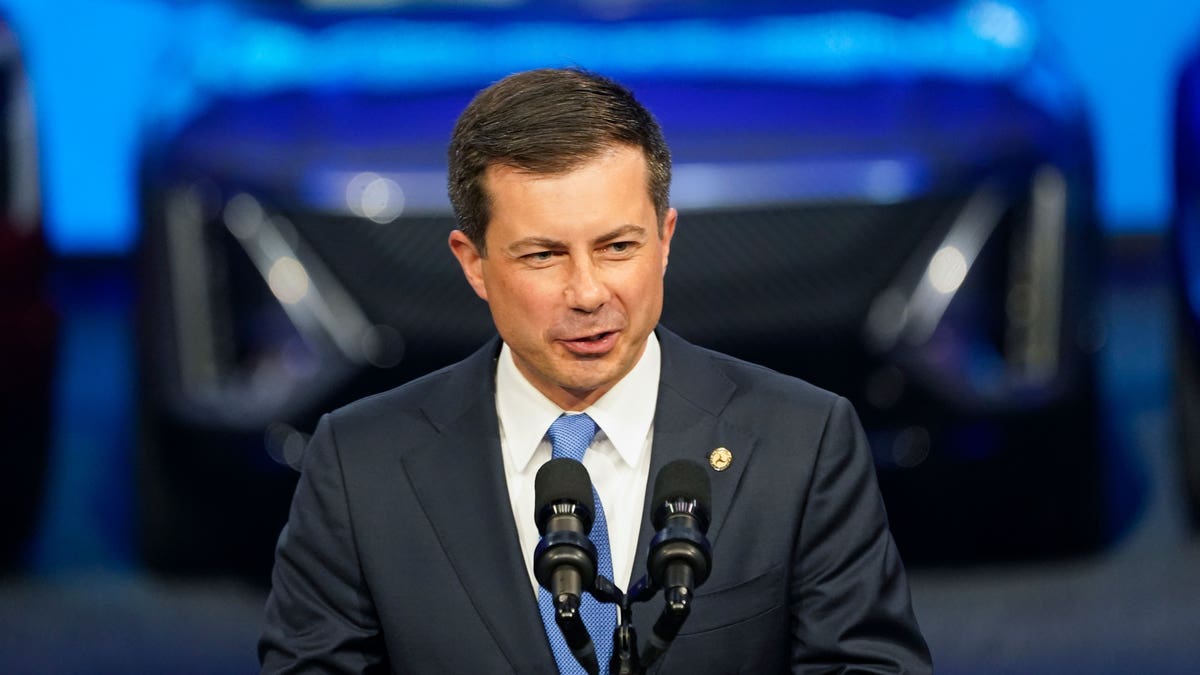 Secretary of Transportation Pete Buttigieg speaking at the Detroit Auto Show