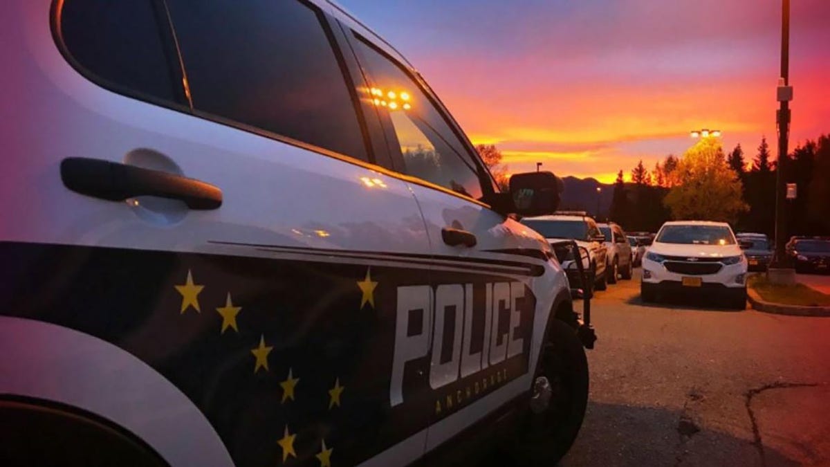 Anchorage, Alaska police cruiser is seen in front of a yellow sunset