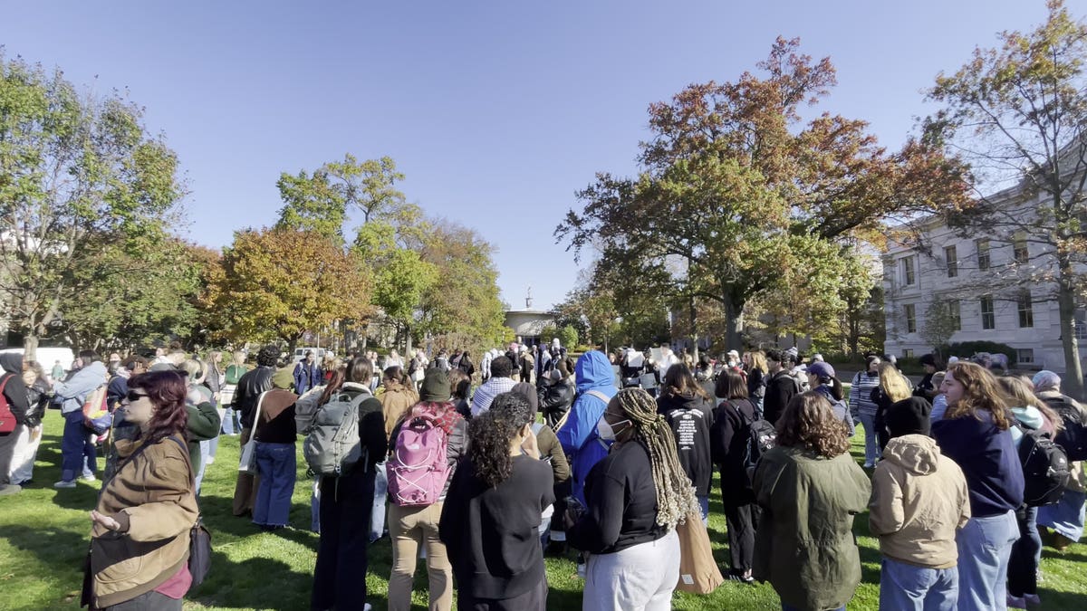 Tens of students gather around speakers with megaphones.