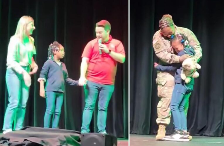 US Army soldier Ralea Scott surprises young daughter after returning home