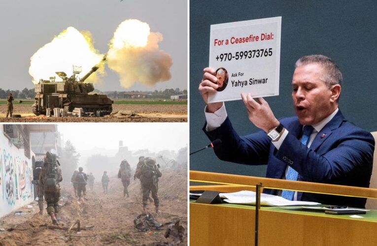 Israeli Ambassador Gilad Erdan holds up poster with Hamas’ number at UN meeting