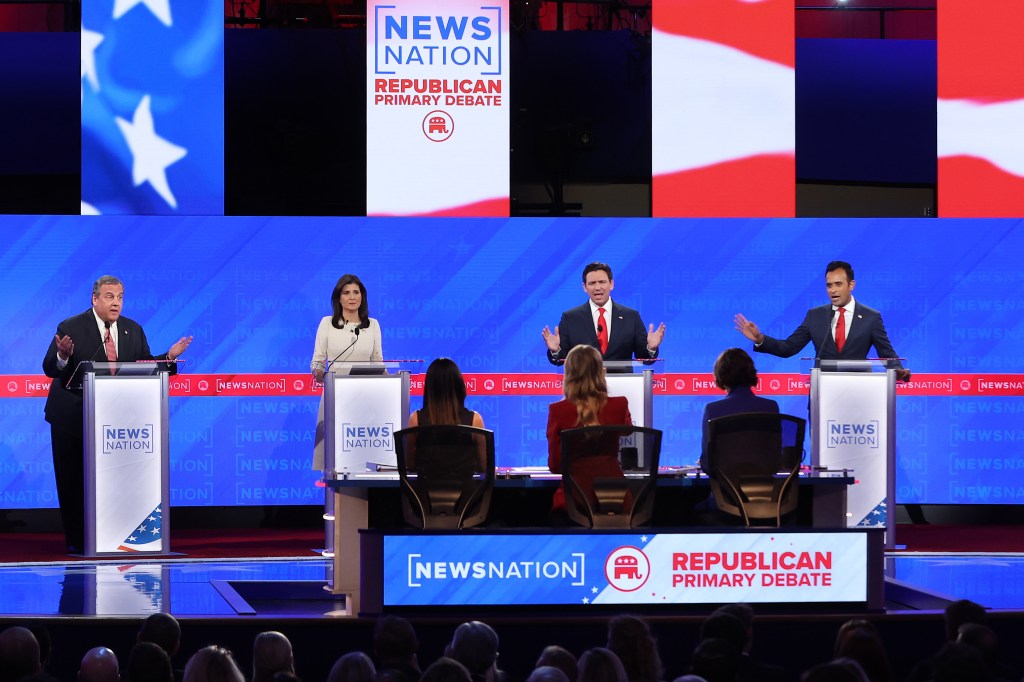 Republican presidential candidates from left: Chris Christie, Nikki Haley, Ron DeSantis and Vivek Ramaswamy 