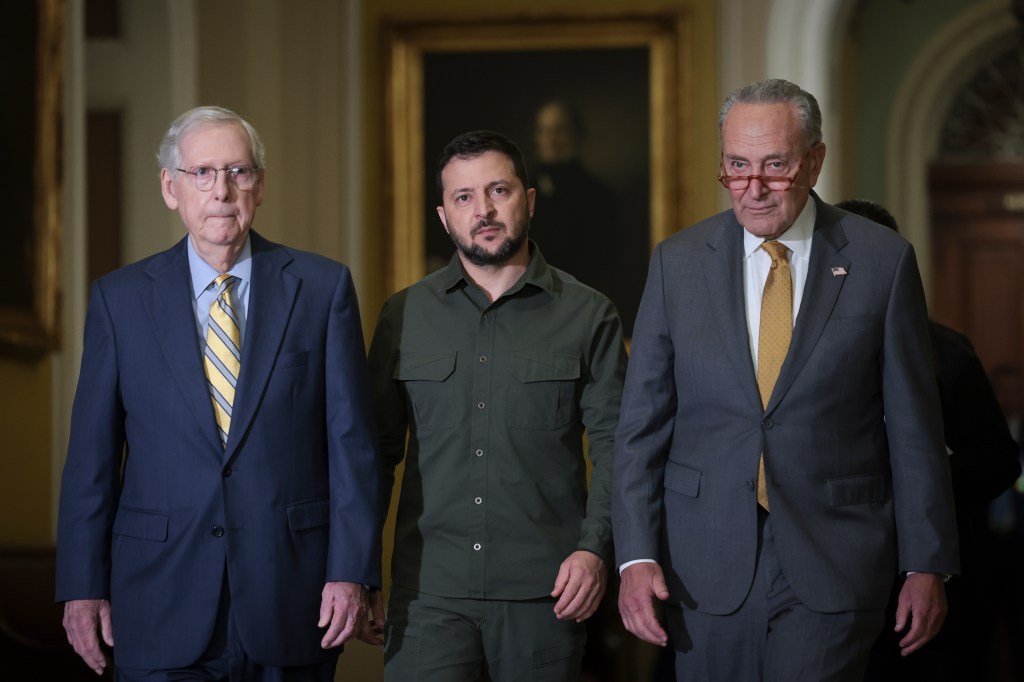 Mitch McConnell, Volodymyr Zelensky, and Chuck Schumer