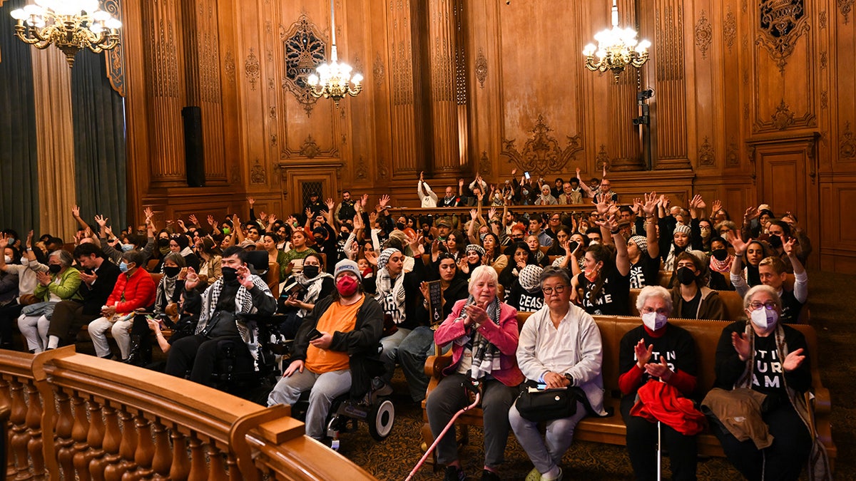 Pro-Palestine protesters in San Francisco City Hall