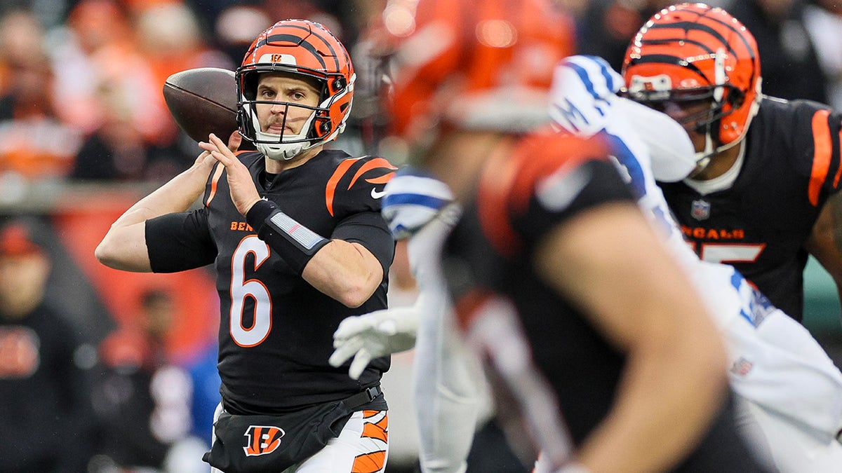 Jake Browning throws a pass against the Colts