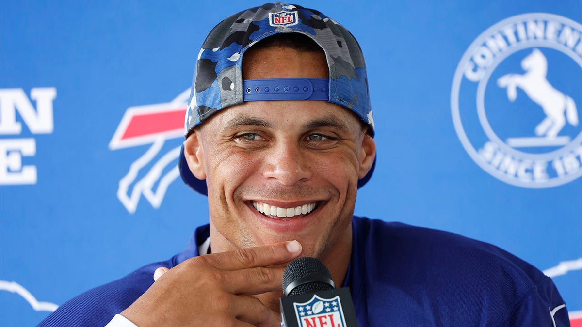 Jordan Poyer smiles during press conference