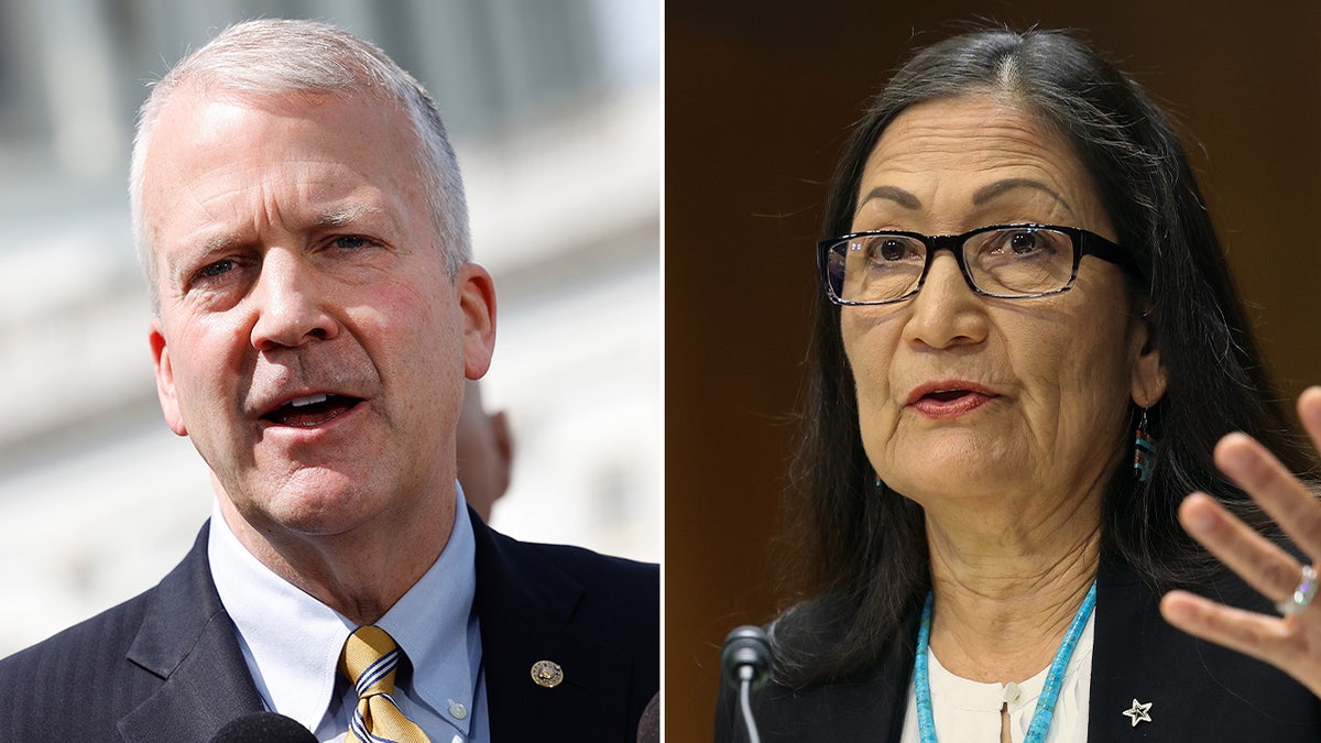 Sen. Dan Sullivan, R-Alaska, left, and Interior Secretary Deb Haaland, right, are pictured.